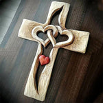 Load image into Gallery viewer, Carved Wooden Cross Intertwined Hearts
