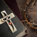 Load image into Gallery viewer, Carved Wooden Cross Intertwined Hearts
