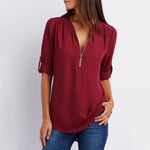 Load image into Gallery viewer, V Neck Zipper Patchwork Plain Blouses
