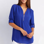 Load image into Gallery viewer, V Neck Zipper Patchwork Plain Blouses
